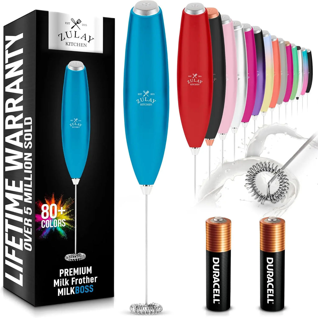 Zulay handheld electric milk frother in silver, featuring a titanium motor for lattes, matcha, and frappes.