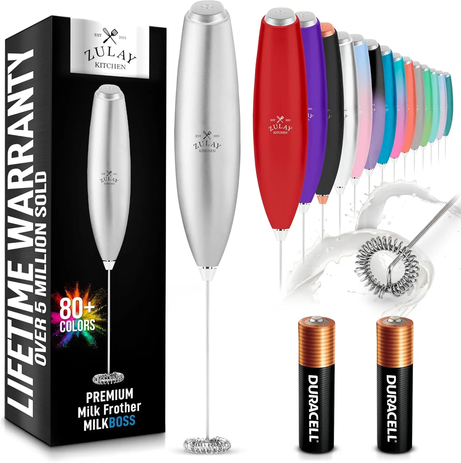 Zulay handheld milk frother in silver, featuring an upgraded titanium motor for blending lattes, matcha, and more.