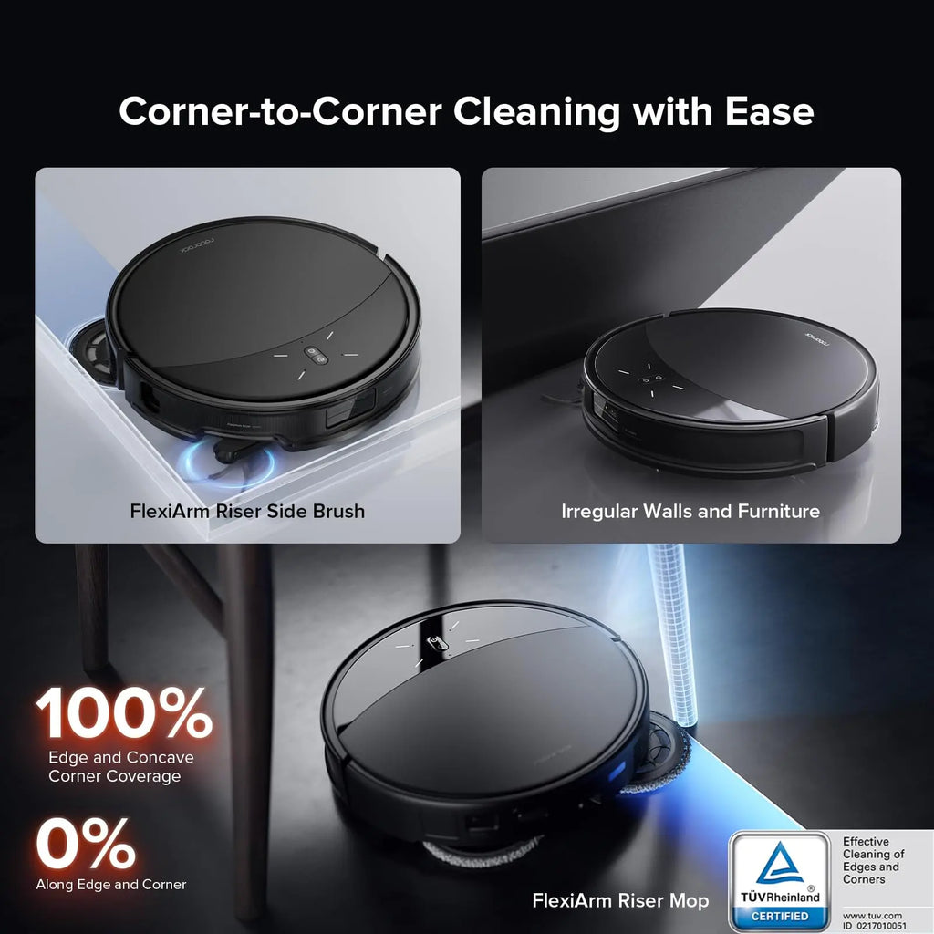 Roborock Saros 10R robot vacuum and mop in black, featuring ultra-slim design and FlexiArm technology for effective cleaning.