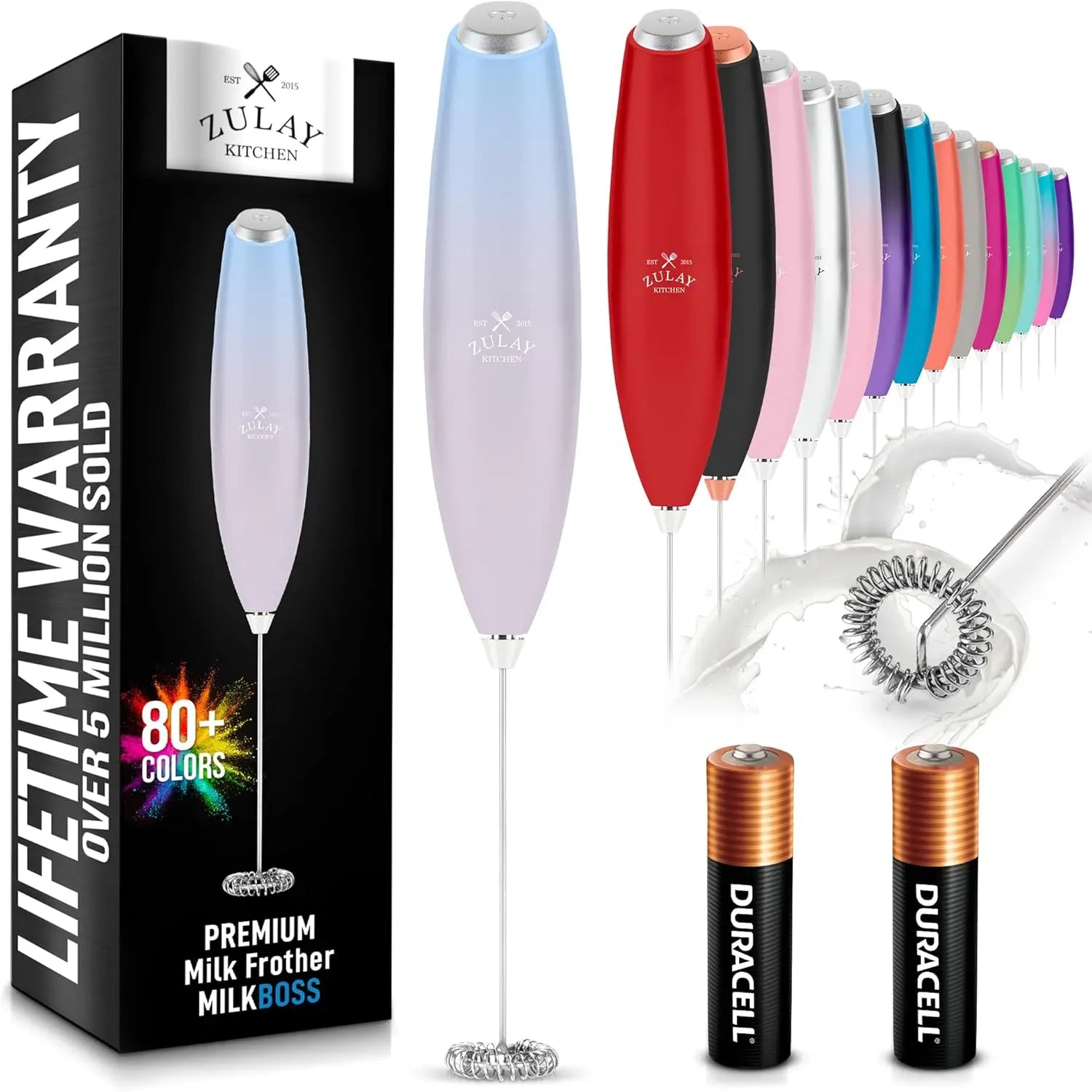 Zulay handheld milk frother in silver with upgraded titanium motor, ideal for lattes, matcha, and coffee blending.