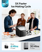 EUHOMY countertop ice maker machine in black, featuring a handle, basket, and scoop, producing 9 ice cubes in 6 minutes.