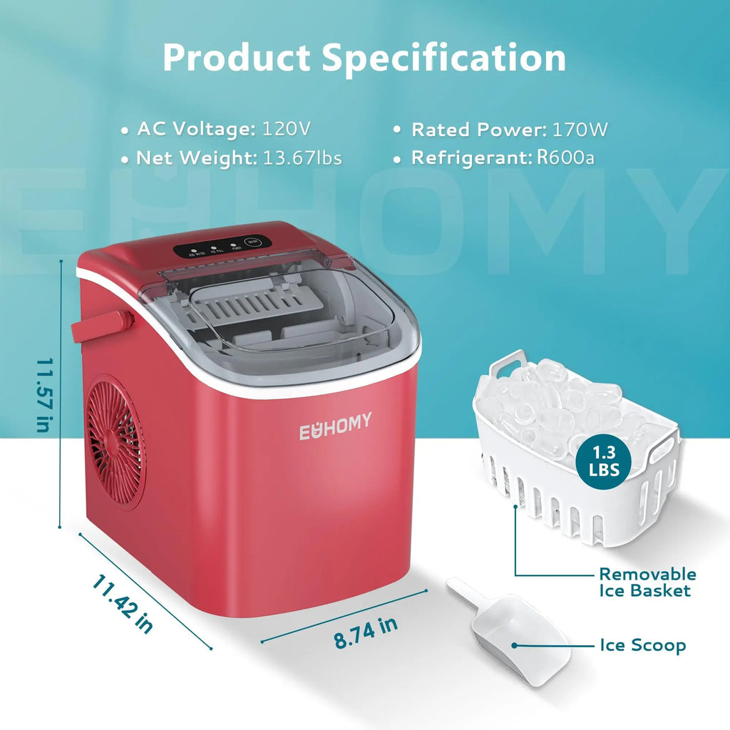 Black EUHOMY countertop ice maker with handle, basket, and scoop, producing 26lbs of ice in 24 hours for home or camping use.