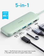 Anker 5-in-1 USB C hub with HDMI splitter and multiple USB ports for MacBook Pro, MacBook Air, and Dell devices.