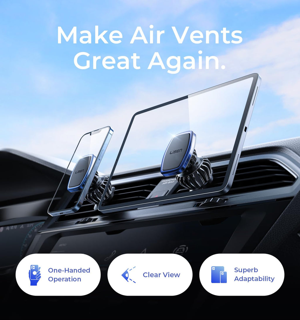 LISEN magnetic phone holder for car with upgraded clip and strong magnets, designed for Galaxy S25 Ultra and similar smartphones.