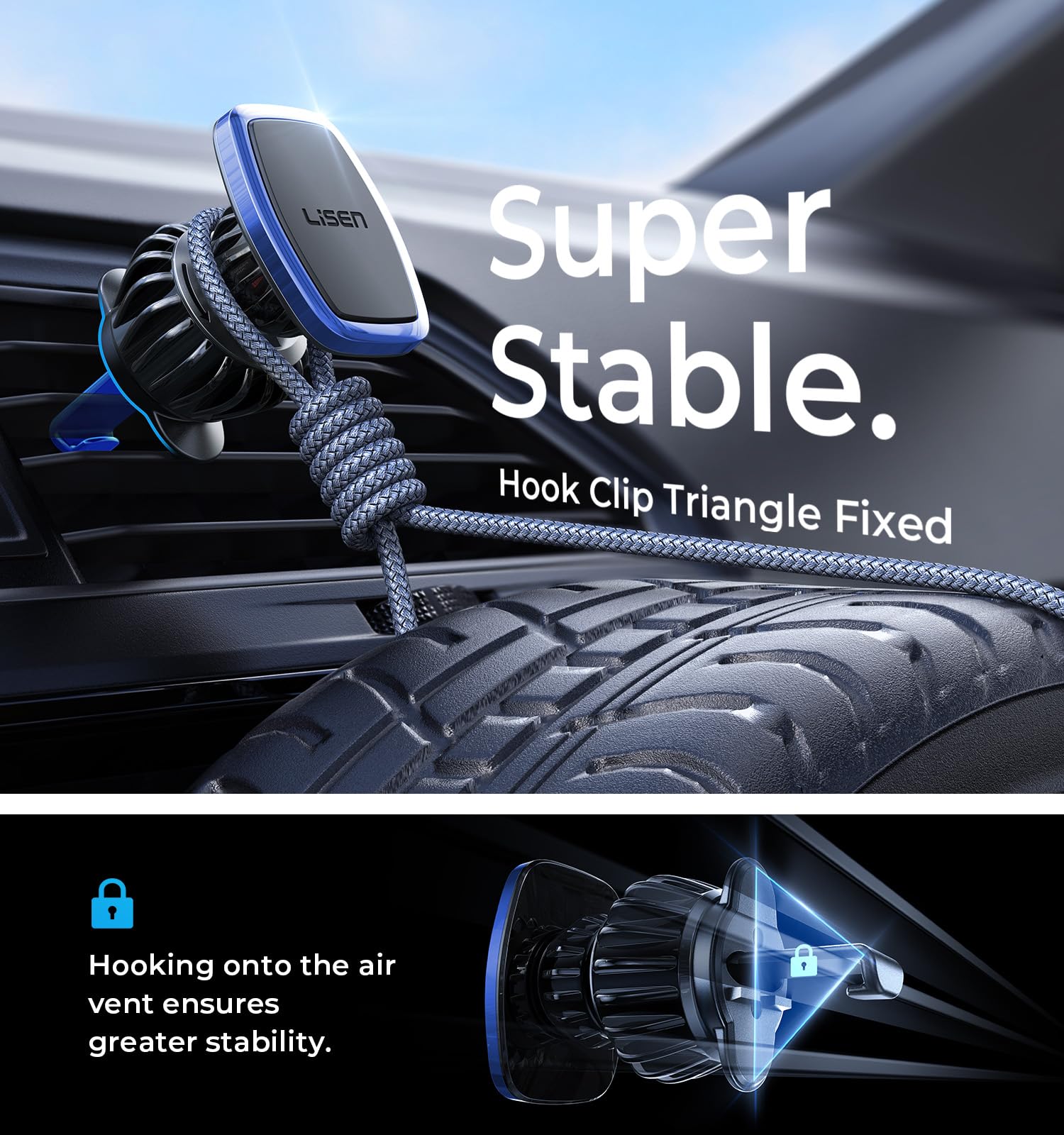 LISEN magnetic phone holder for car with upgraded clip and strong magnets, suitable for Galaxy S25 Ultra and similar smartphones.