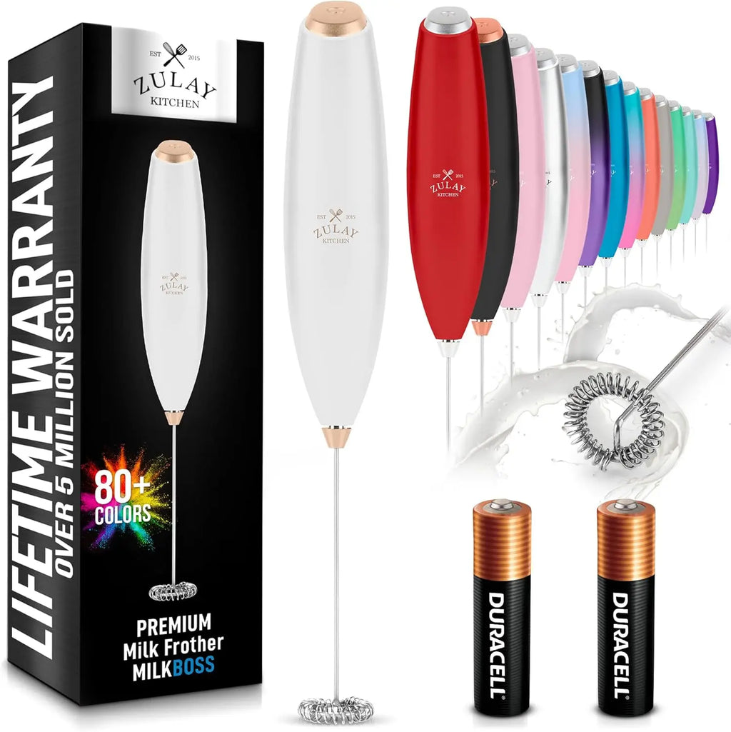 Zulay handheld milk frother in silver, featuring a titanium motor for frothing coffee, latte, and matcha drinks.