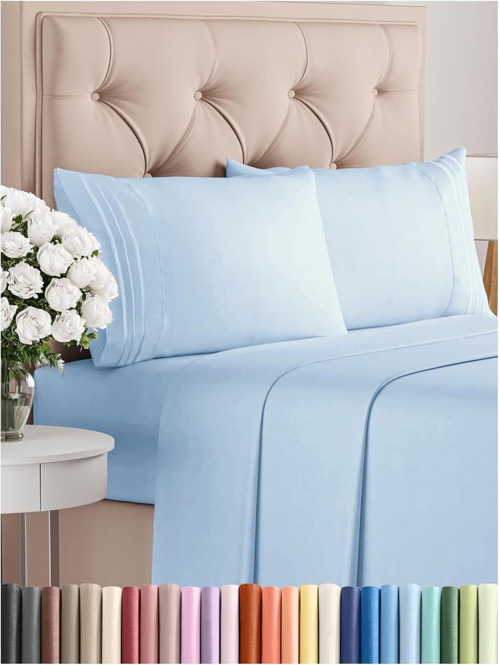 White CGK Unlimited 4 piece queen sheet set featuring breathable, cooling fabric and deep pockets for easy fit.