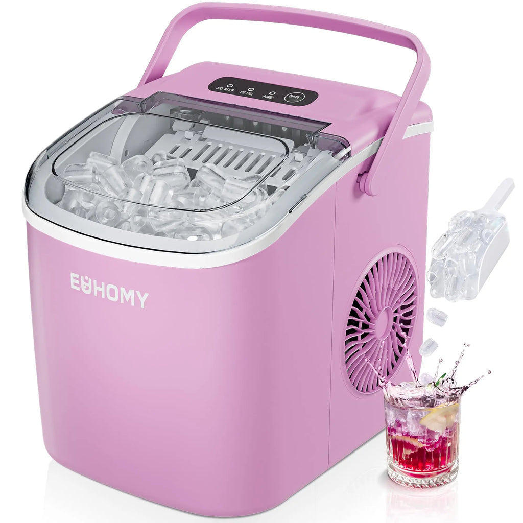 EUHOMY countertop ice maker in black, showcasing handle, basket, and scoop, producing 9 ice cubes in 6 minutes.