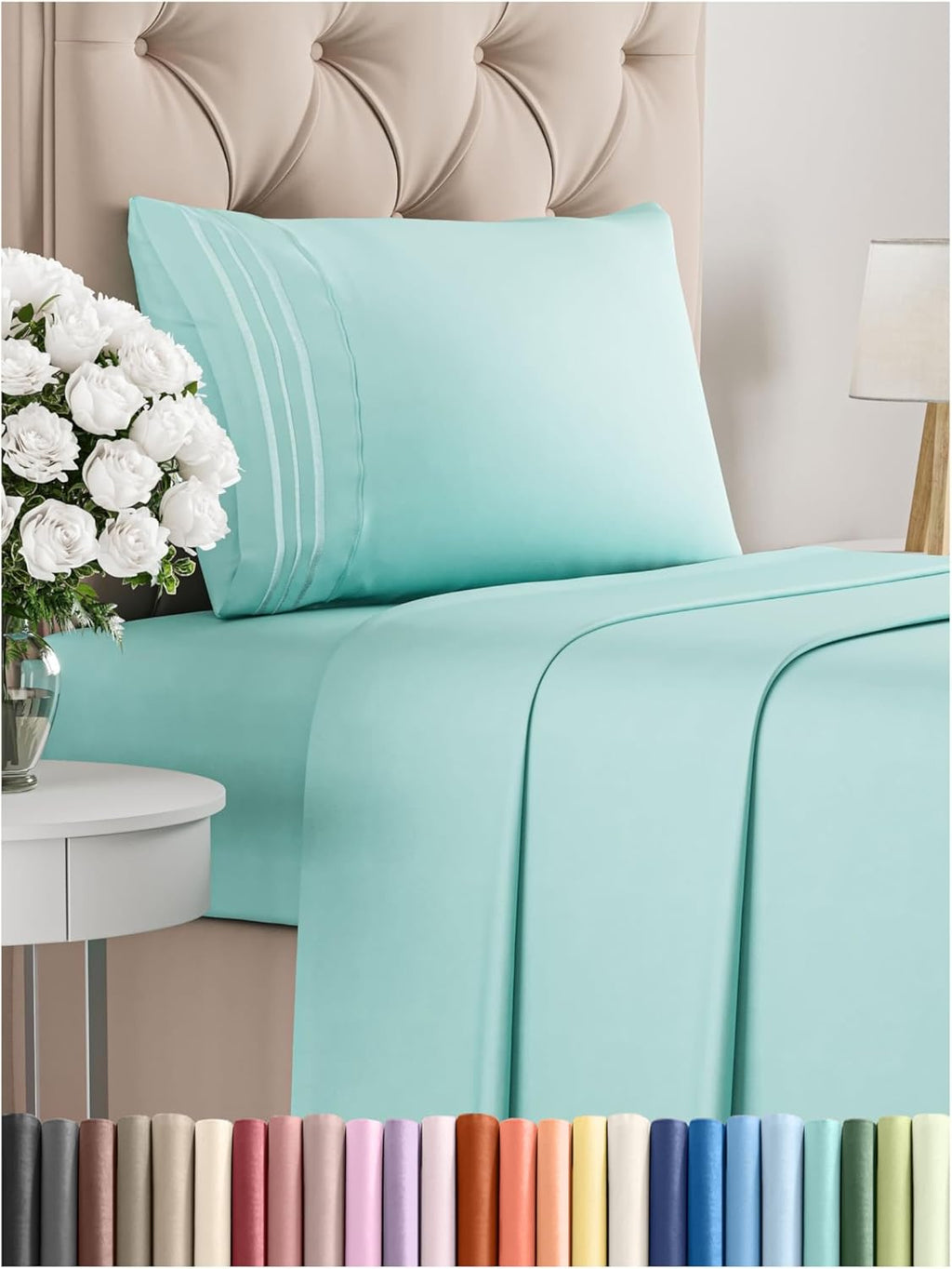 CGK Unlimited white queen sheet set with deep pockets, soft texture, and wrinkle-free finish on a bed.