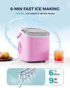 EUHOMY black countertop ice maker machine, portable with handle, producing 9 ice cubes in 6 minutes, includes basket and scoop.