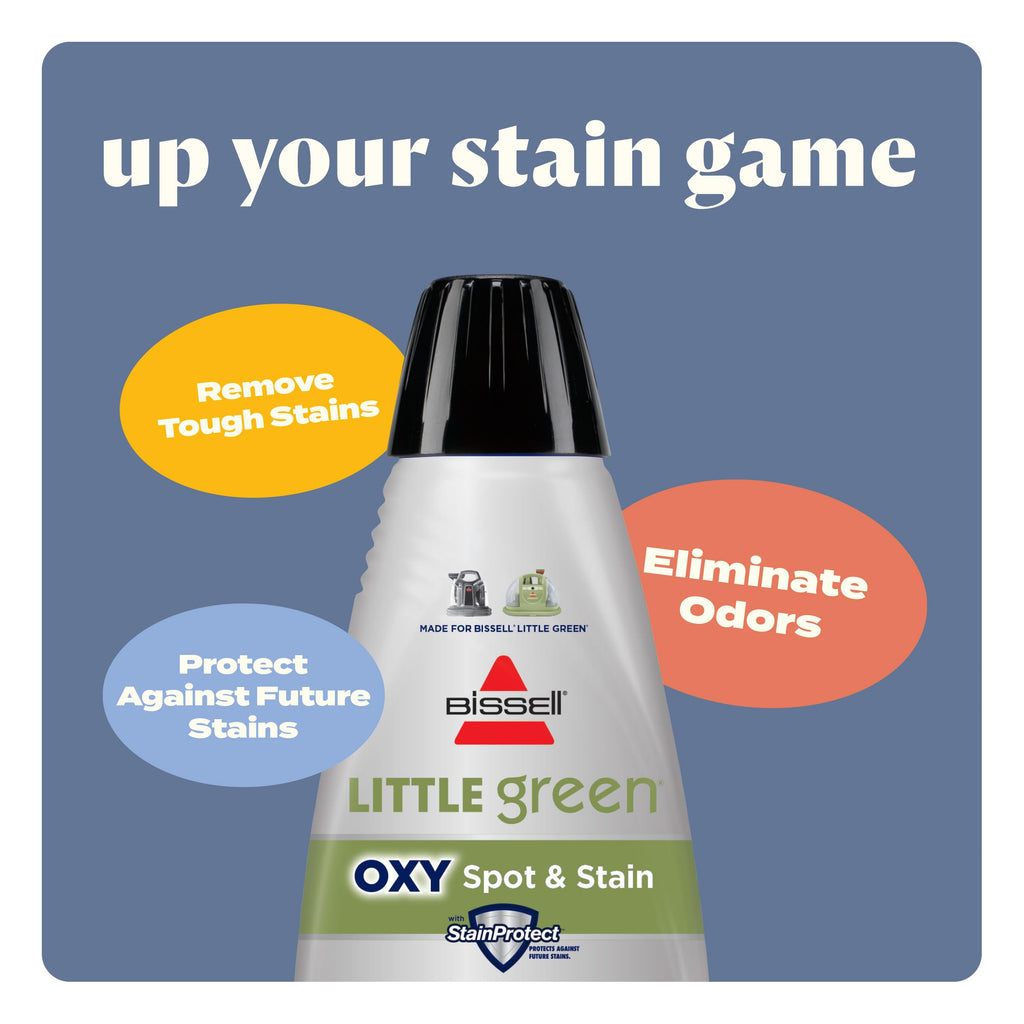 BISSELL Little Green Mini deep cleaner in tea green, showcasing HydroRinse tool and 4" tough stain tool for upholstery.