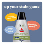 BISSELL Little Green Mini deep cleaner in tea green, showcasing HydroRinse tool and 4" tough stain tool for upholstery.