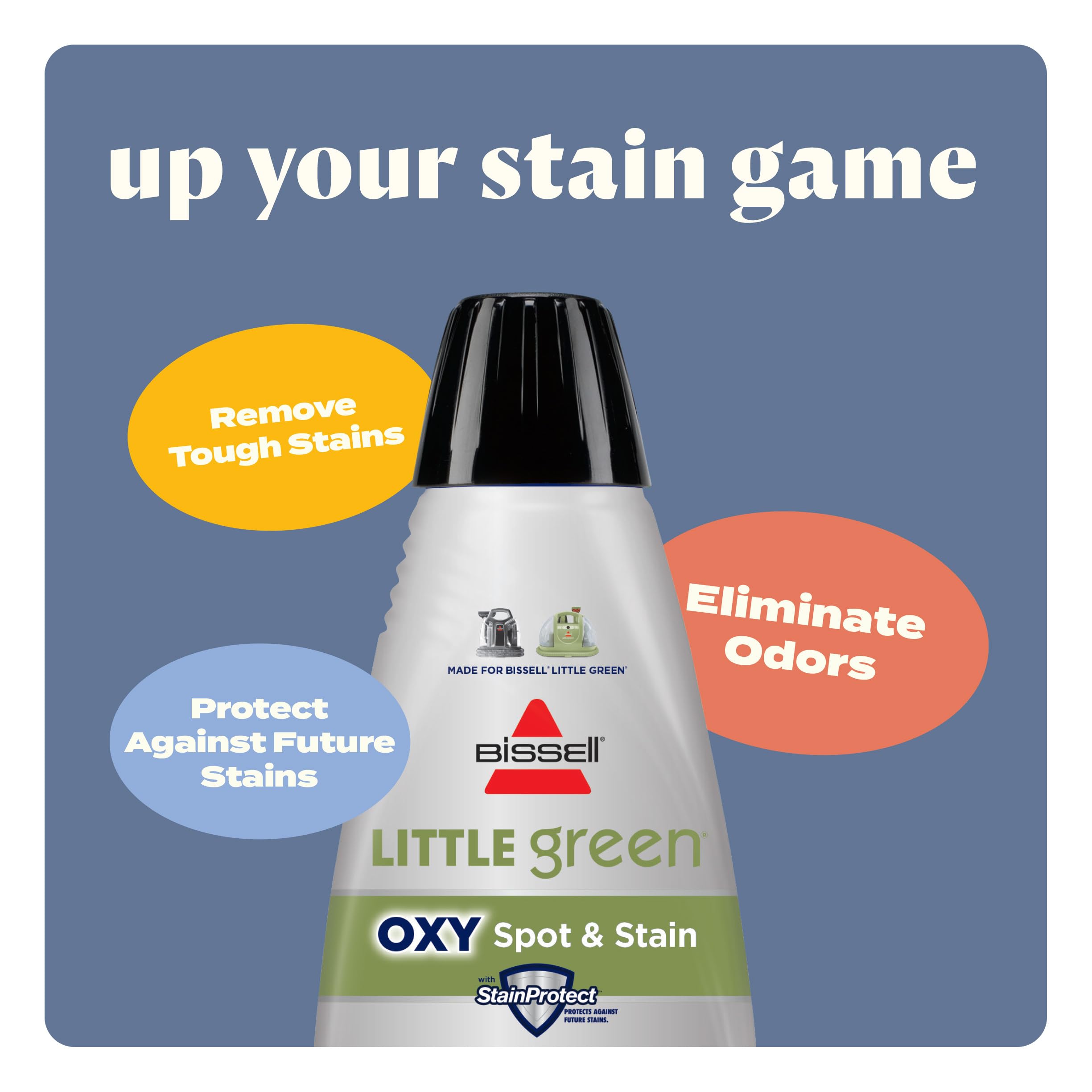 BISSELL Little Green Mini carpet cleaner in tea green, featuring HydroRinse tool and tough stain tool for deep cleaning.