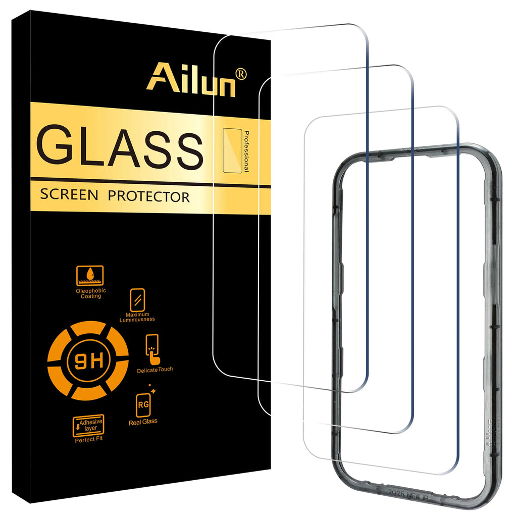 Ailun tempered glass screen protector for iPhone 15/16, 3 pack, 6.1 inch, dynamic island compatible, case friendly.