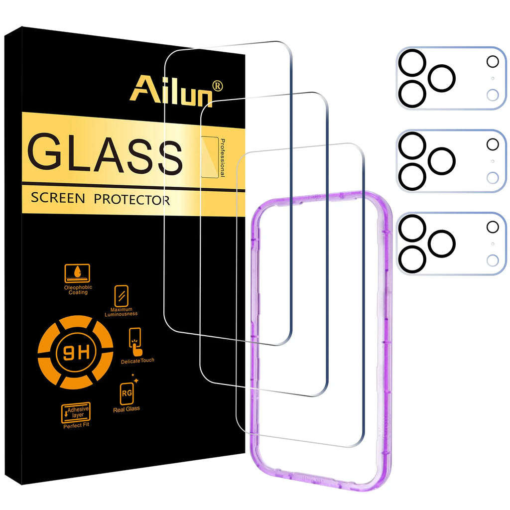 Ailun 3 pack screen protector and camera lens protectors for iPhone 17 Pro Max with installation frame, case-friendly design.