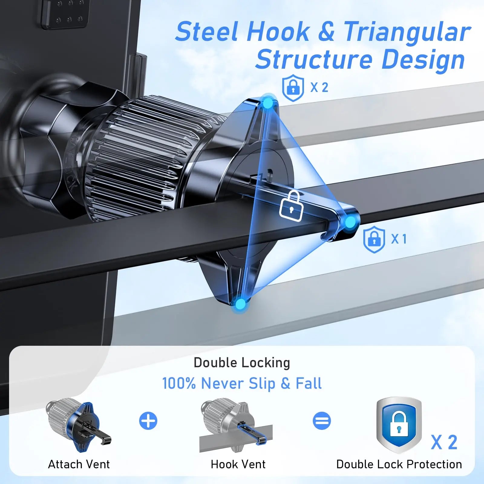 Blukar car phone holder mount with metal hook clip for air vent, featuring 360° rotation and one-button release for smartphones.