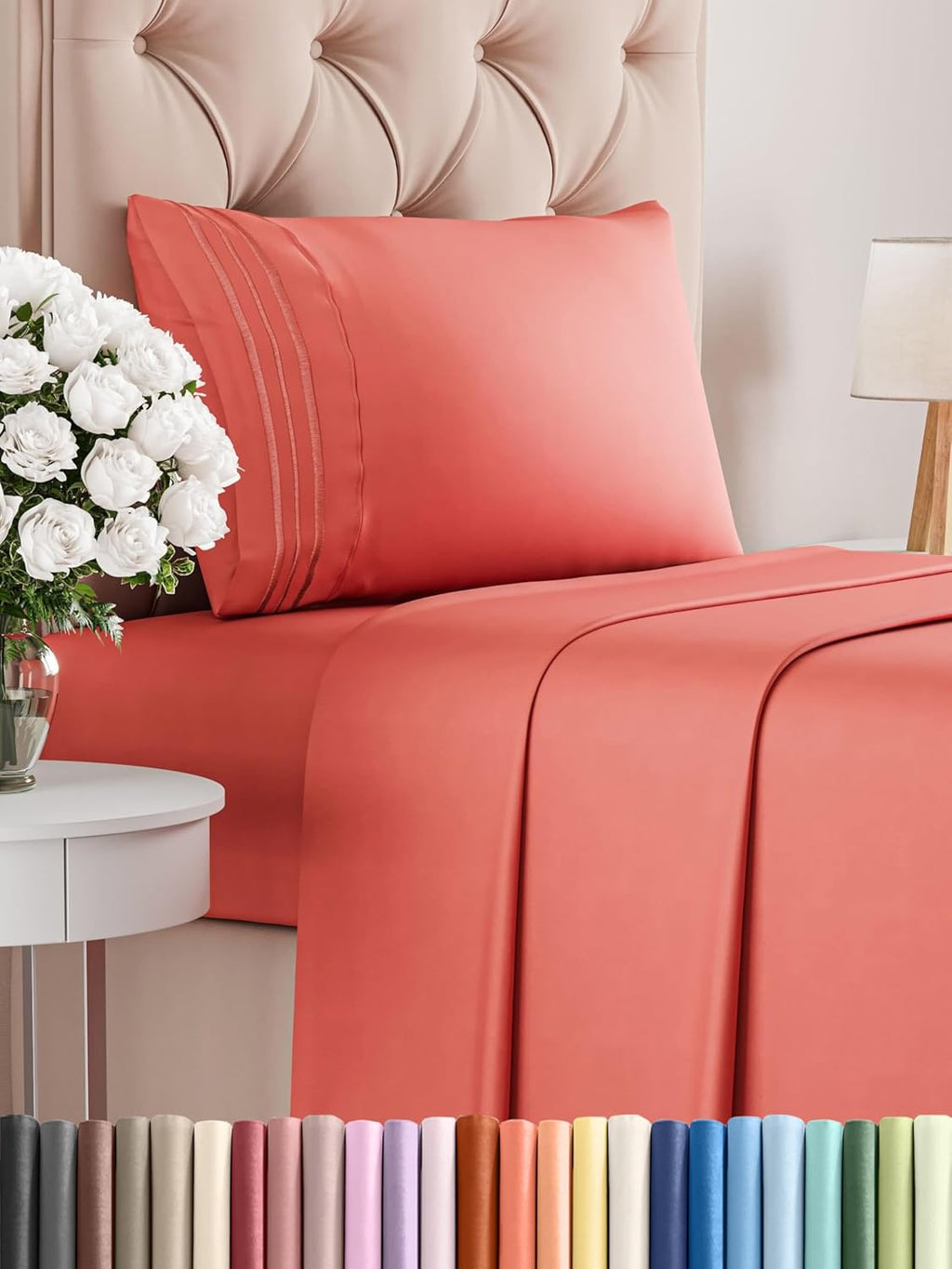 CGK Unlimited white queen sheet set featuring deep pockets, soft, breathable fabric, and wrinkle-free design.