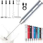 Zulay handheld milk frother in silver, featuring a titanium motor for frothing coffee, lattes, and matcha.