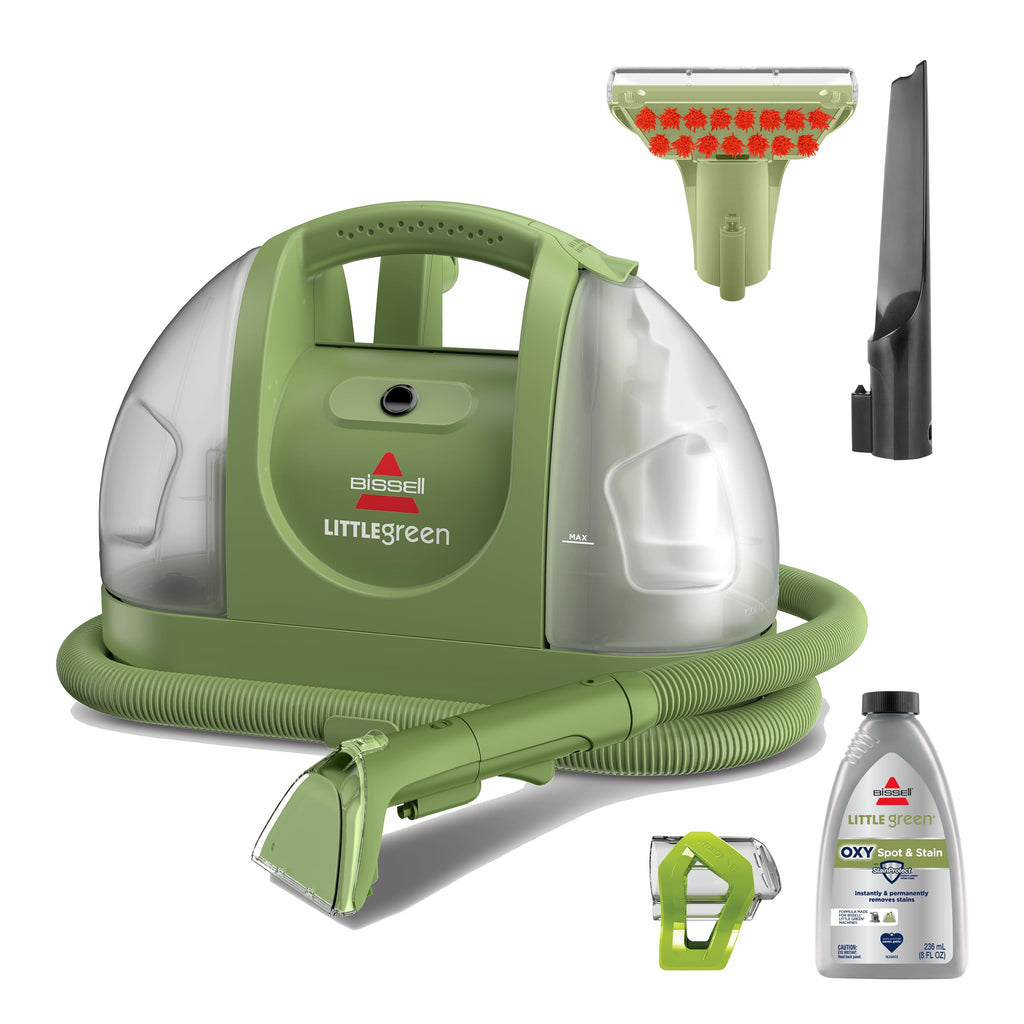 BISSELL Little Green Mini Portable Carpet Cleaner in Tea Green, featuring HydroRinse Tool and Tough Stain Tool for deep cleaning.