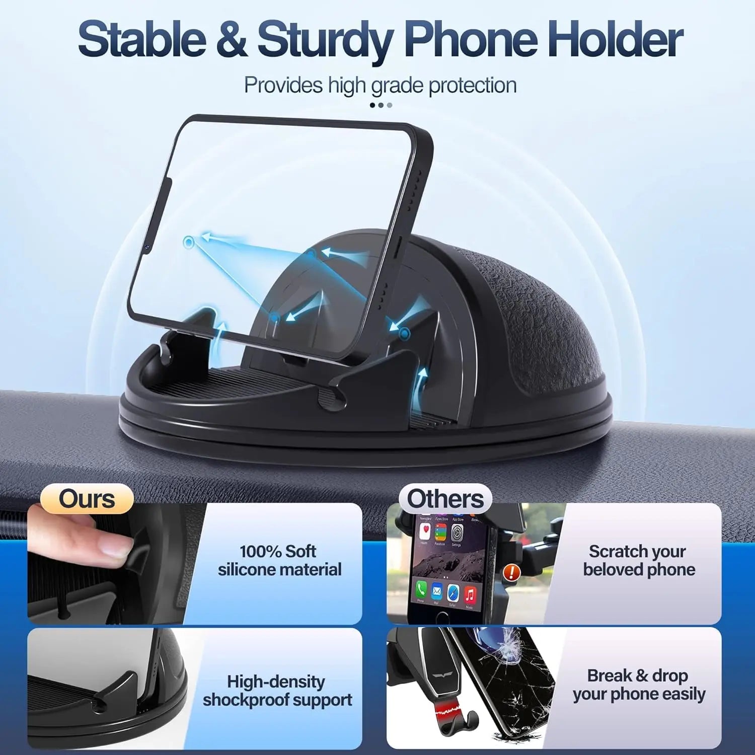 Loncaster black car phone holder with silicone pad, designed for various dashboards and compatible with smartphones and GPS devices.