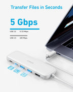 Anker 5-in-1 USB C Hub with HDMI splitter and multiple USB ports for MacBook Pro and Dell laptops.