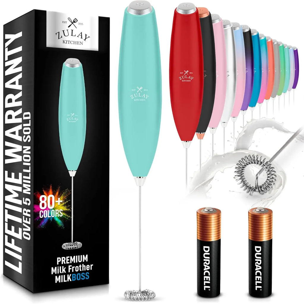 Zulay silver handheld milk frother with upgraded titanium motor for coffee, lattes, and matcha blending.