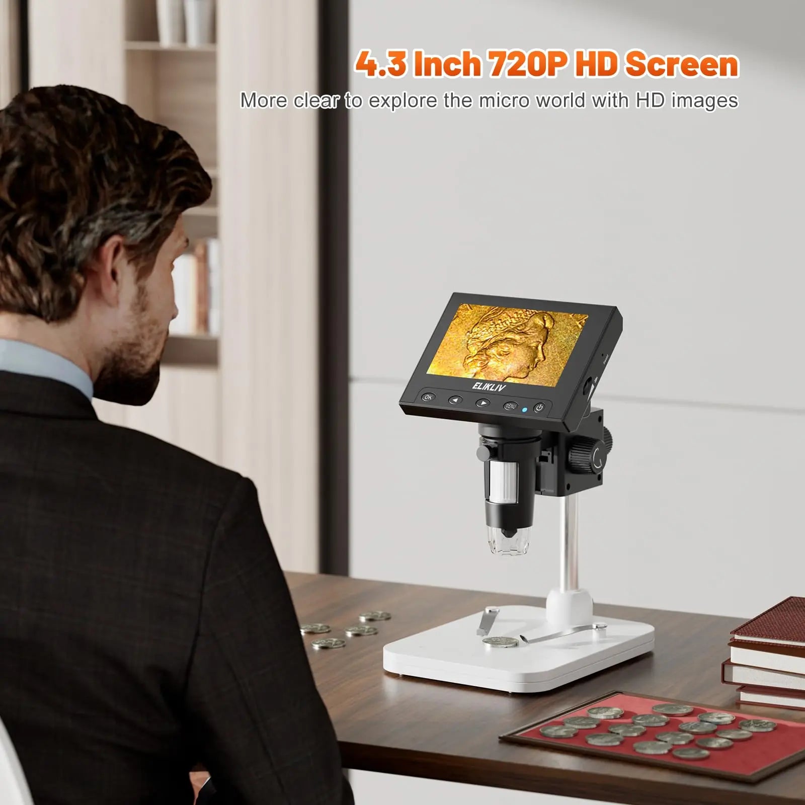 Elikliv LCD digital coin microscope with 1000x magnification and 8 adjustable LED lights, featuring a 4.3-inch display.