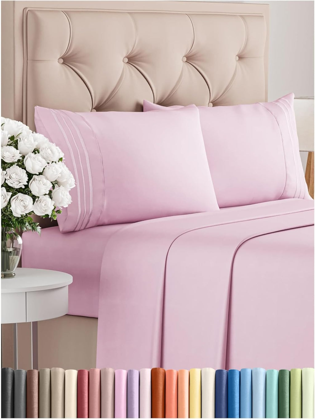 CGK Unlimited white queen sheet set with deep pockets, soft texture, and breathable fabric for a comfortable sleep experience.