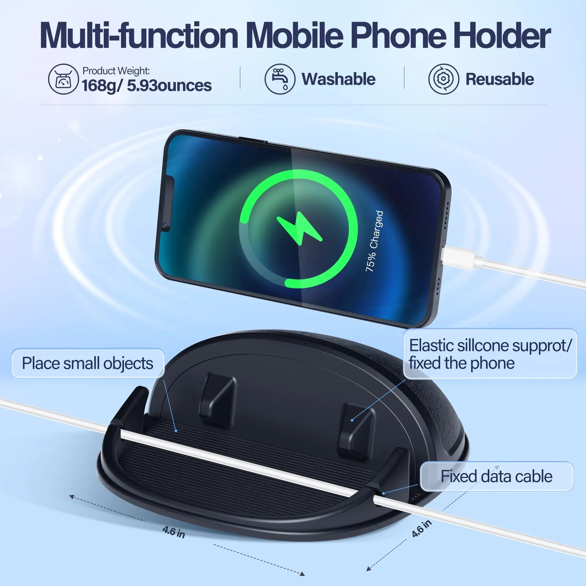Loncaster black car phone holder on dashboard, designed for smartphones and GPS, featuring a slip-free silicone pad.