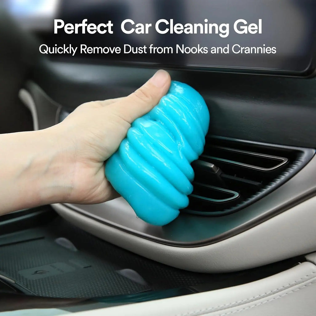 PULIDIKI car cleaning gel slime in use, effectively removing dust from a vehicle's interior surfaces and crevices.