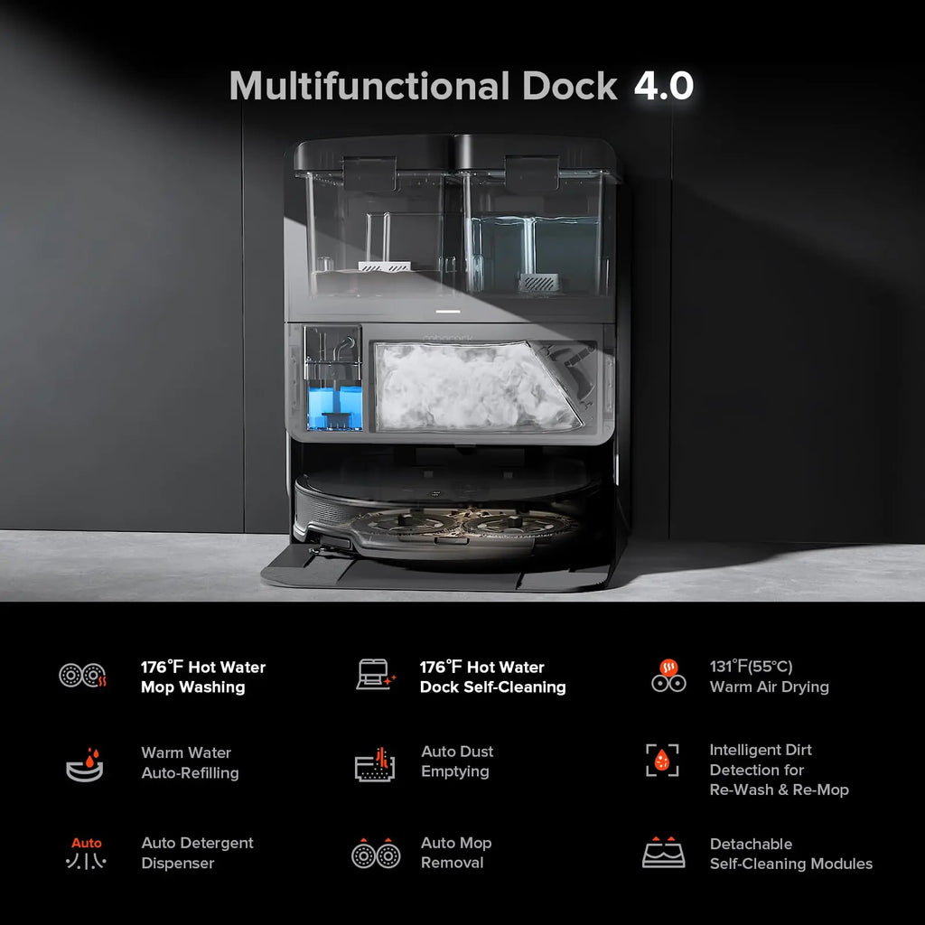 Roborock Saros 10R Robot Vacuum and Mop in black, featuring ultra-slim design and FlexiArm for corner cleaning.