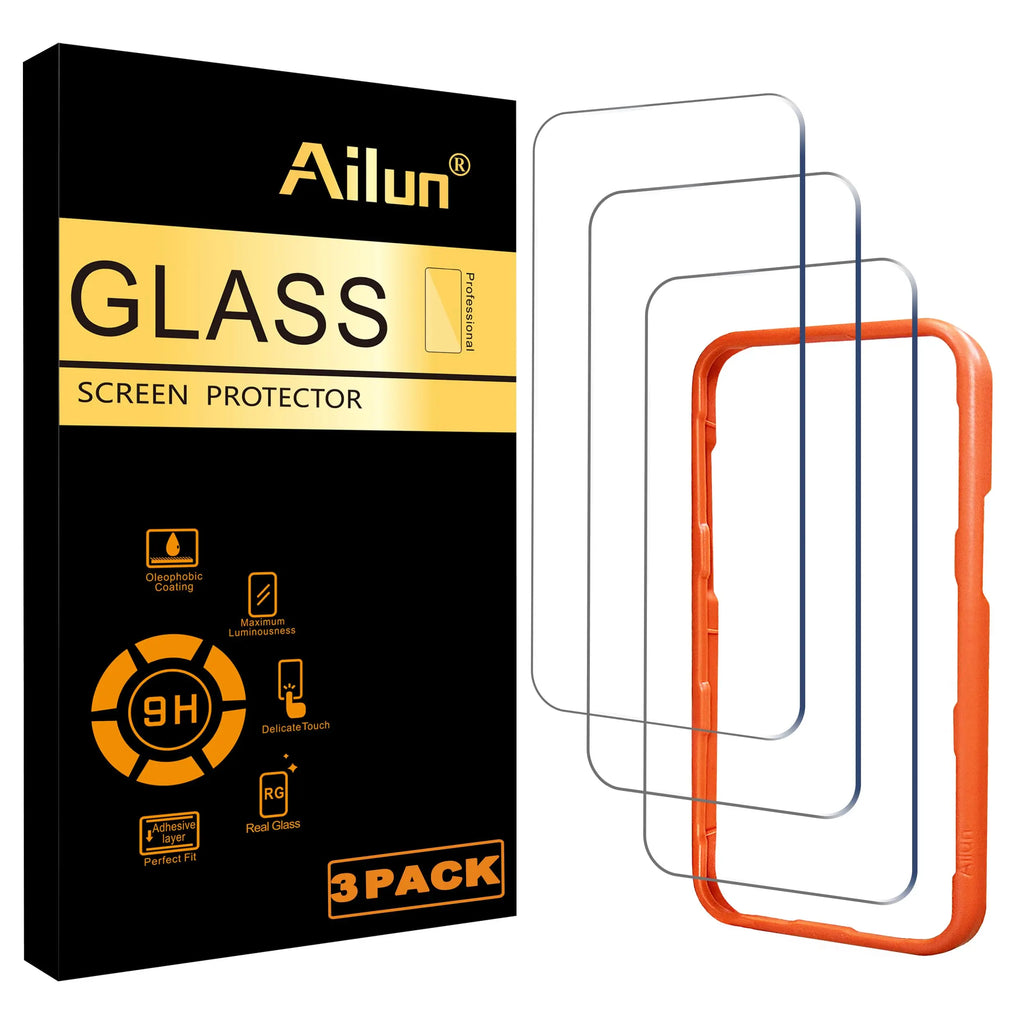 Ailun tempered glass screen protector for iPhone 15/16, 3-pack, case friendly, showing clear display with Dynamic Island.