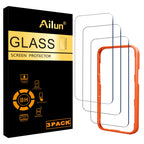 Ailun tempered glass screen protector for iPhone 15/16, 3-pack, case friendly, showing clear display with Dynamic Island.