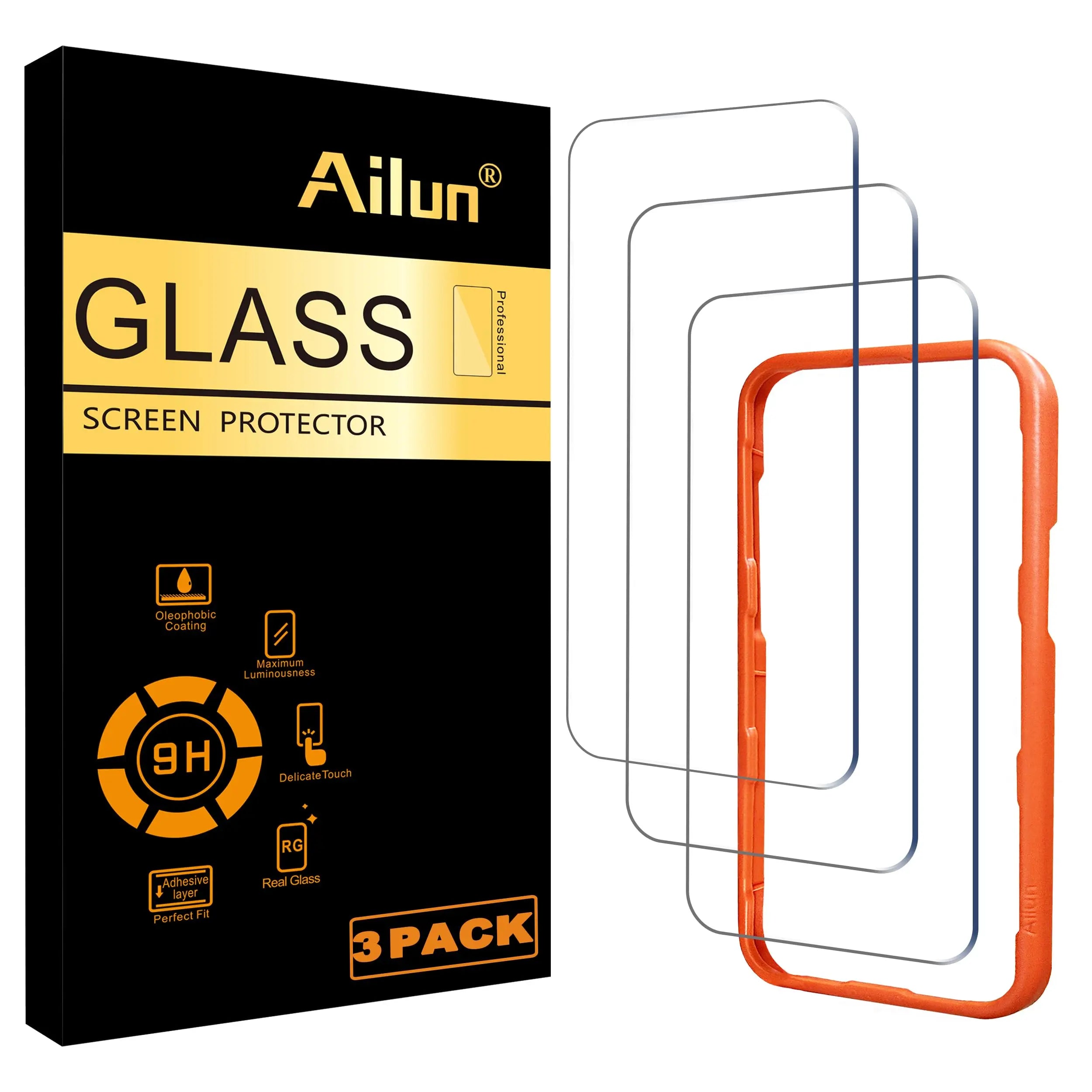Ailun tempered glass screen protector for iPhone 15/16, 3-pack, case friendly, showing clear display with Dynamic Island.