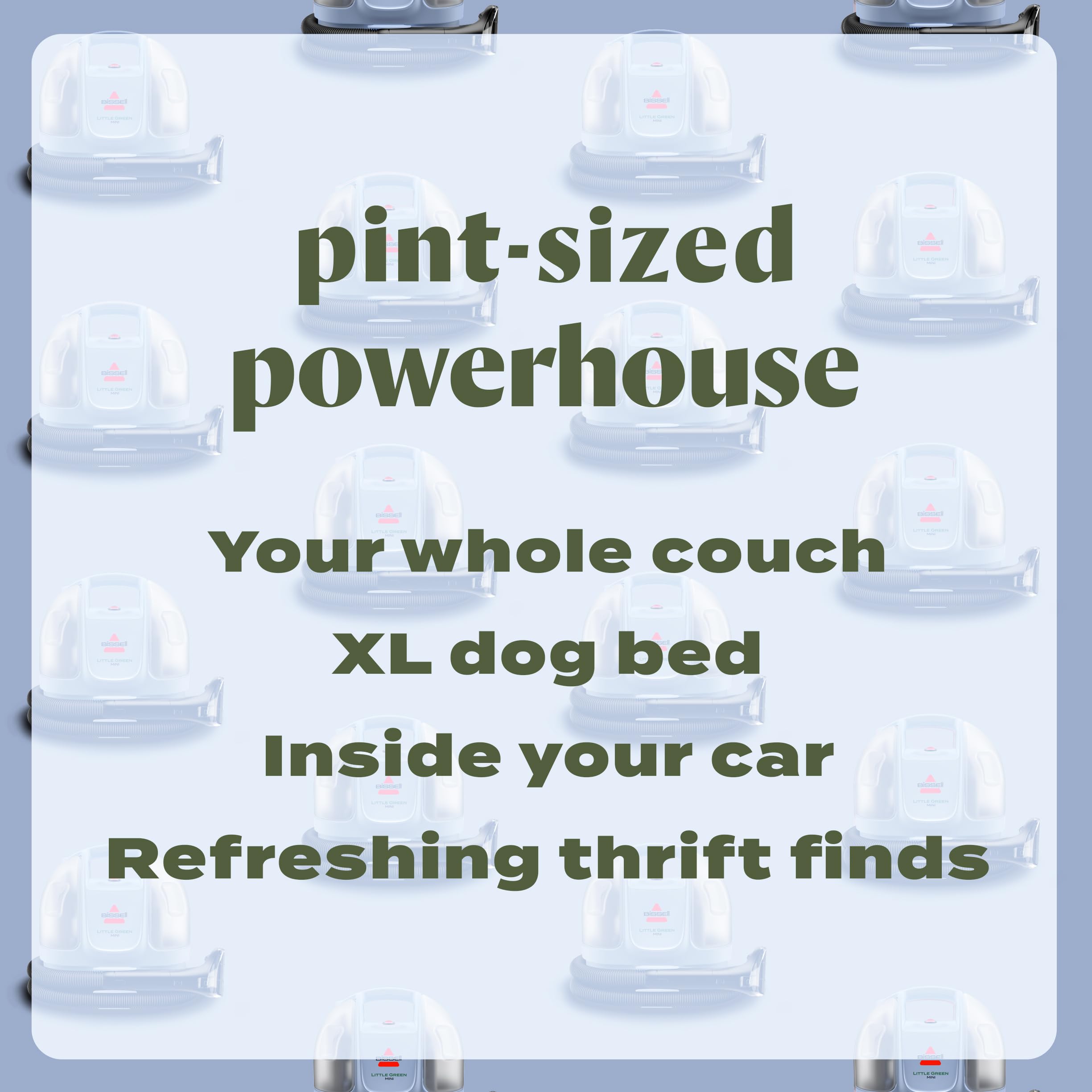 BISSELL Little Green Mini portable carpet cleaner in tea green with HydroRinse tool and tough stain tool for upholstery.