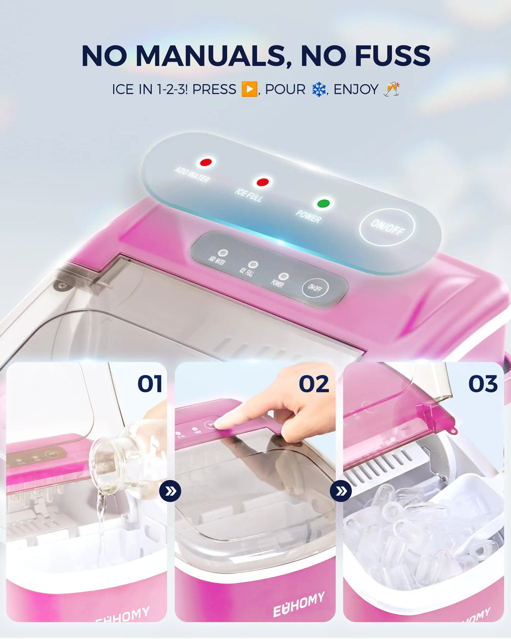 EUHOMY black countertop ice maker machine with handle, producing 26lbs of ice in 24 hours, featuring basket and scoop.