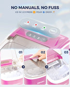 EUHOMY black countertop ice maker machine with handle, producing 26lbs of ice in 24 hours, featuring basket and scoop.