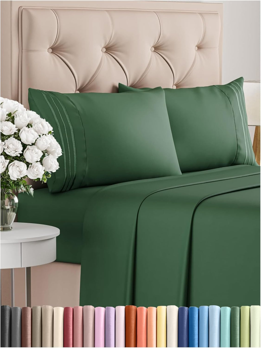 CGK Unlimited white queen sheet set with deep pockets, soft fabric, and wrinkle-free design displayed on a bed.