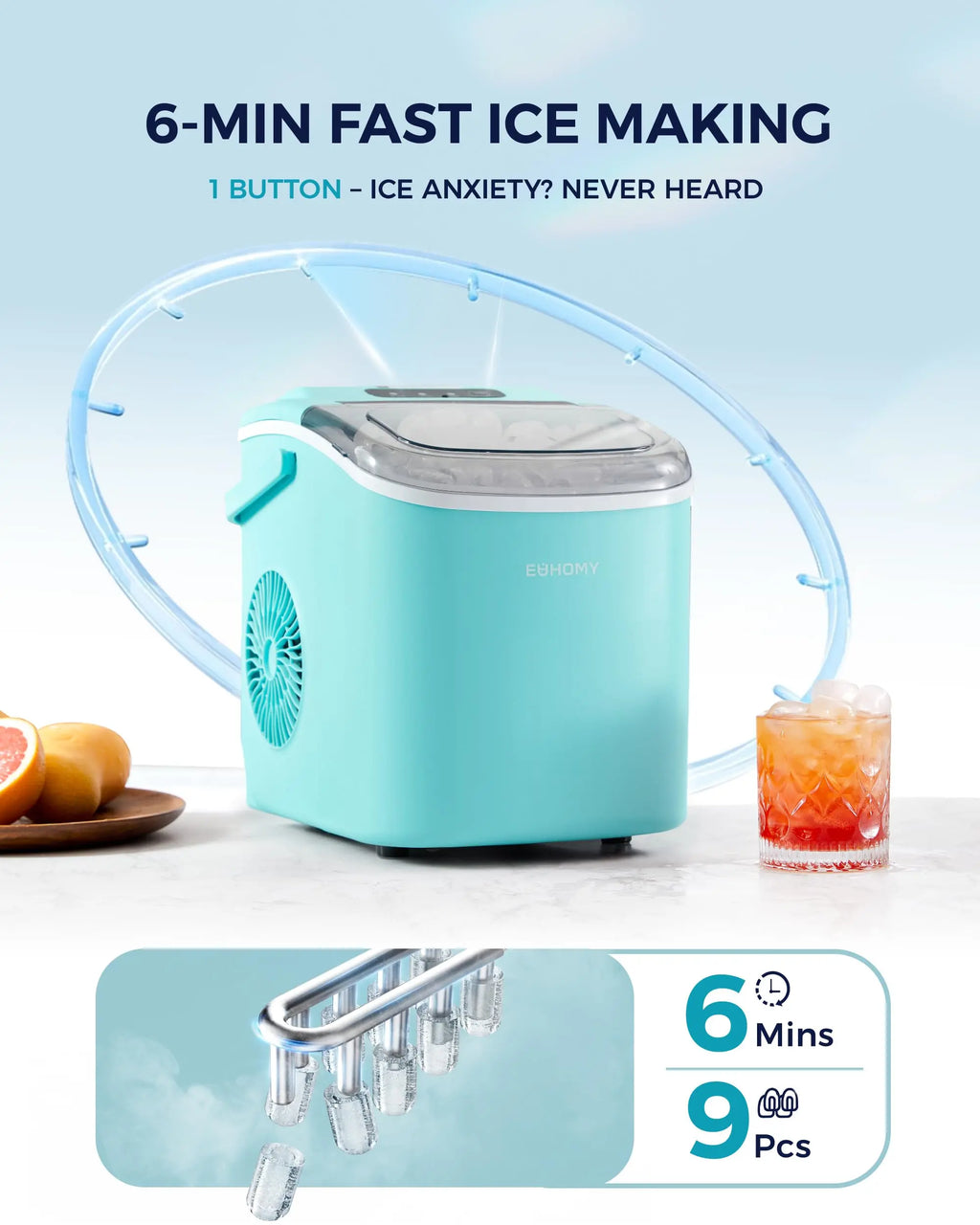 EUHOMY black countertop ice maker machine with handle, producing 26lbs of ice in 24hrs, featuring a basket and scoop.