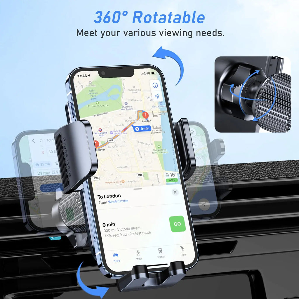 Blukar car phone holder mount with 360° rotation and metal hook clip, designed for smartphones like iPhone and Galaxy.