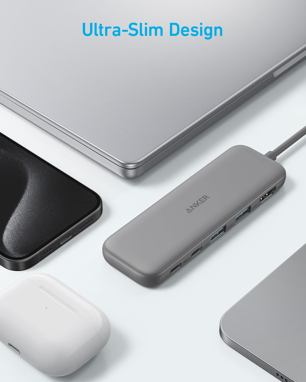 Anker 5-in-1 USB C hub with HDMI splitter and multiple powered data ports for MacBook Pro and Dell laptops.