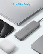 Anker 5-in-1 USB C hub with HDMI splitter and multiple powered data ports for MacBook Pro and Dell laptops.