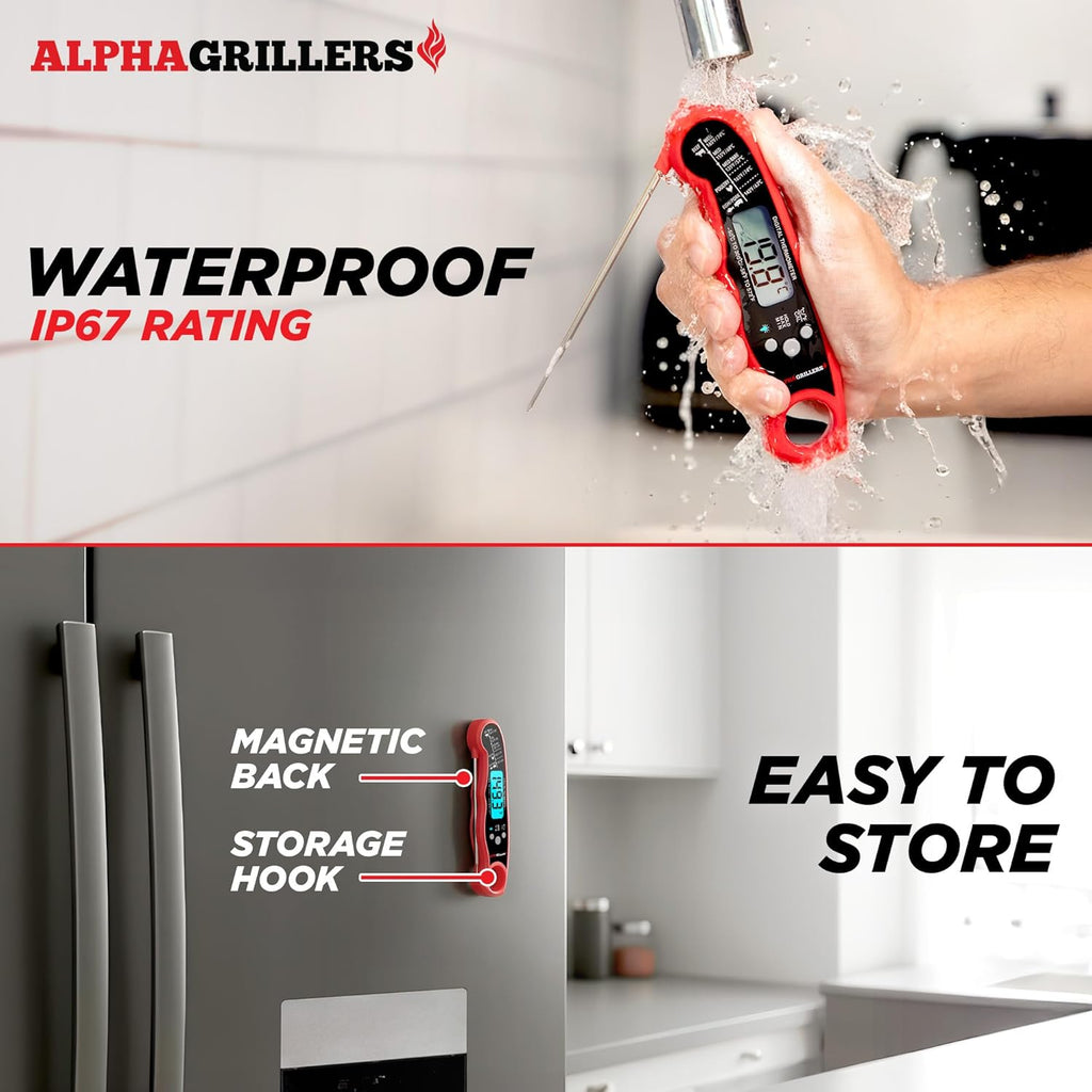 Digital meat thermometer by Alpha Grillers, showcasing instant read display for precise cooking and grilling temperatures.