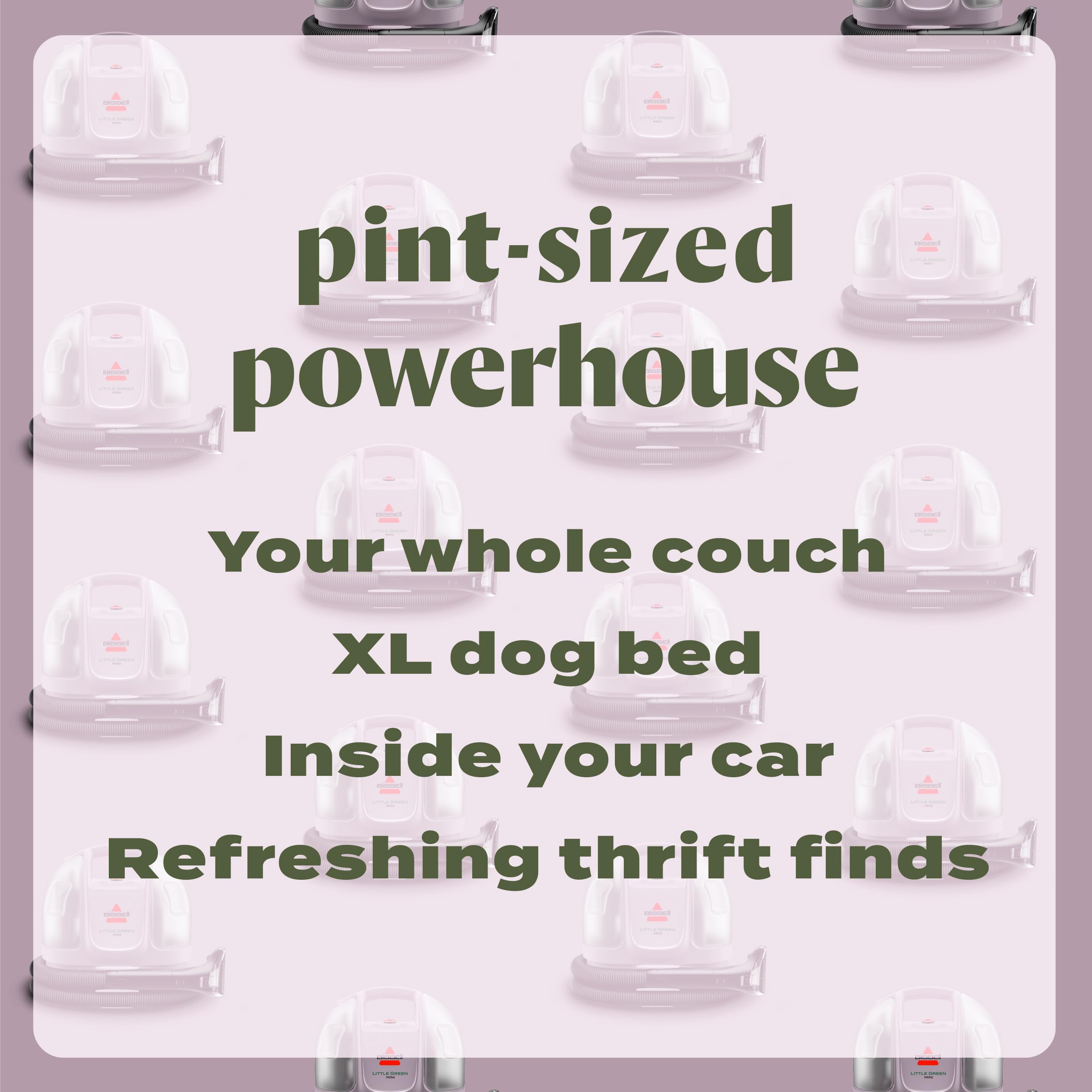 BISSELL Little Green Mini carpet cleaner in tea green with HydroRinse tool and tough stain tool for auto detailing.