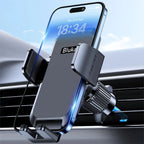 Blukar car phone holder mount featuring a metal hook clip, 360° rotation, and one-button release for smartphones.