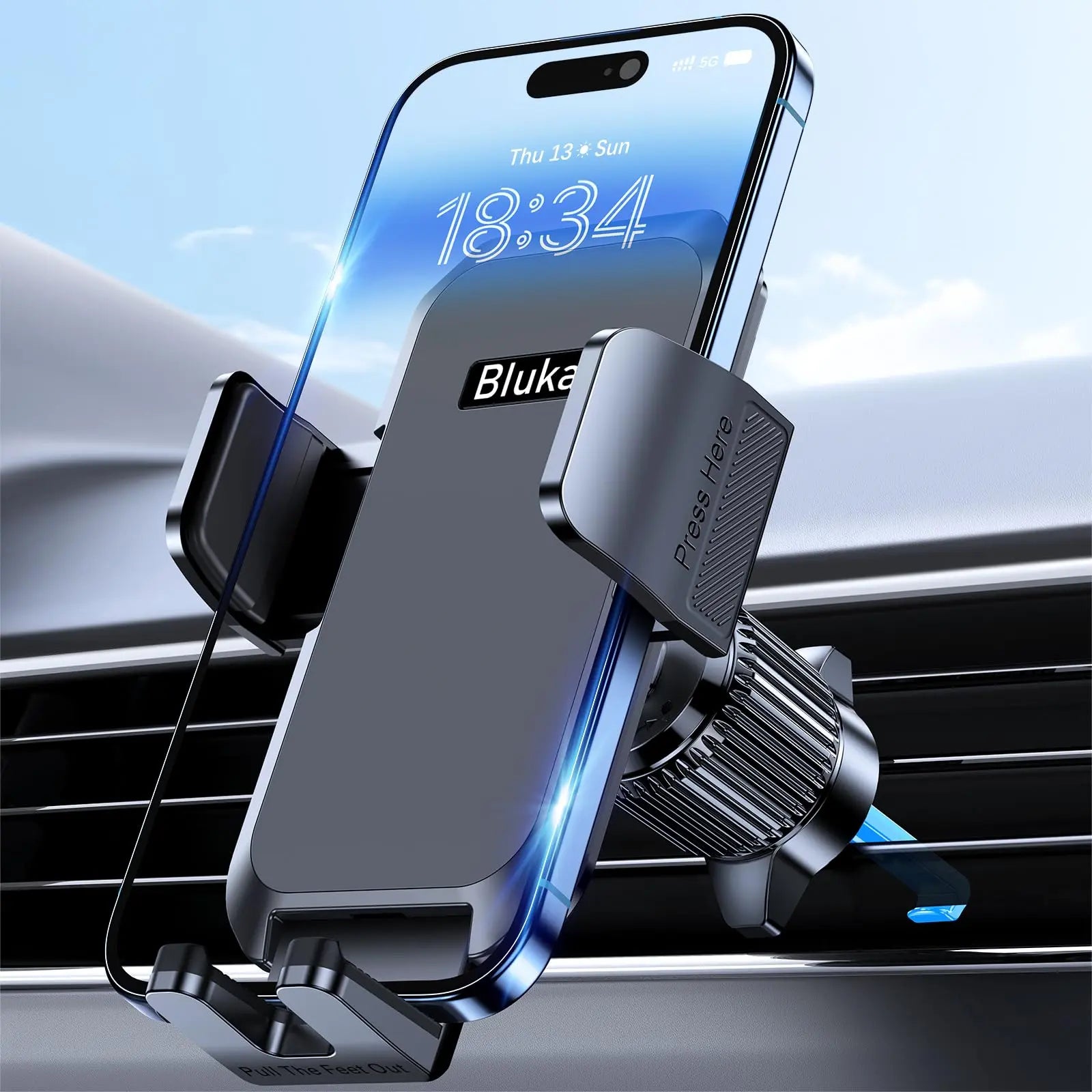 Blukar car phone holder mount featuring a metal hook clip, 360° rotation, and one-button release for smartphones.