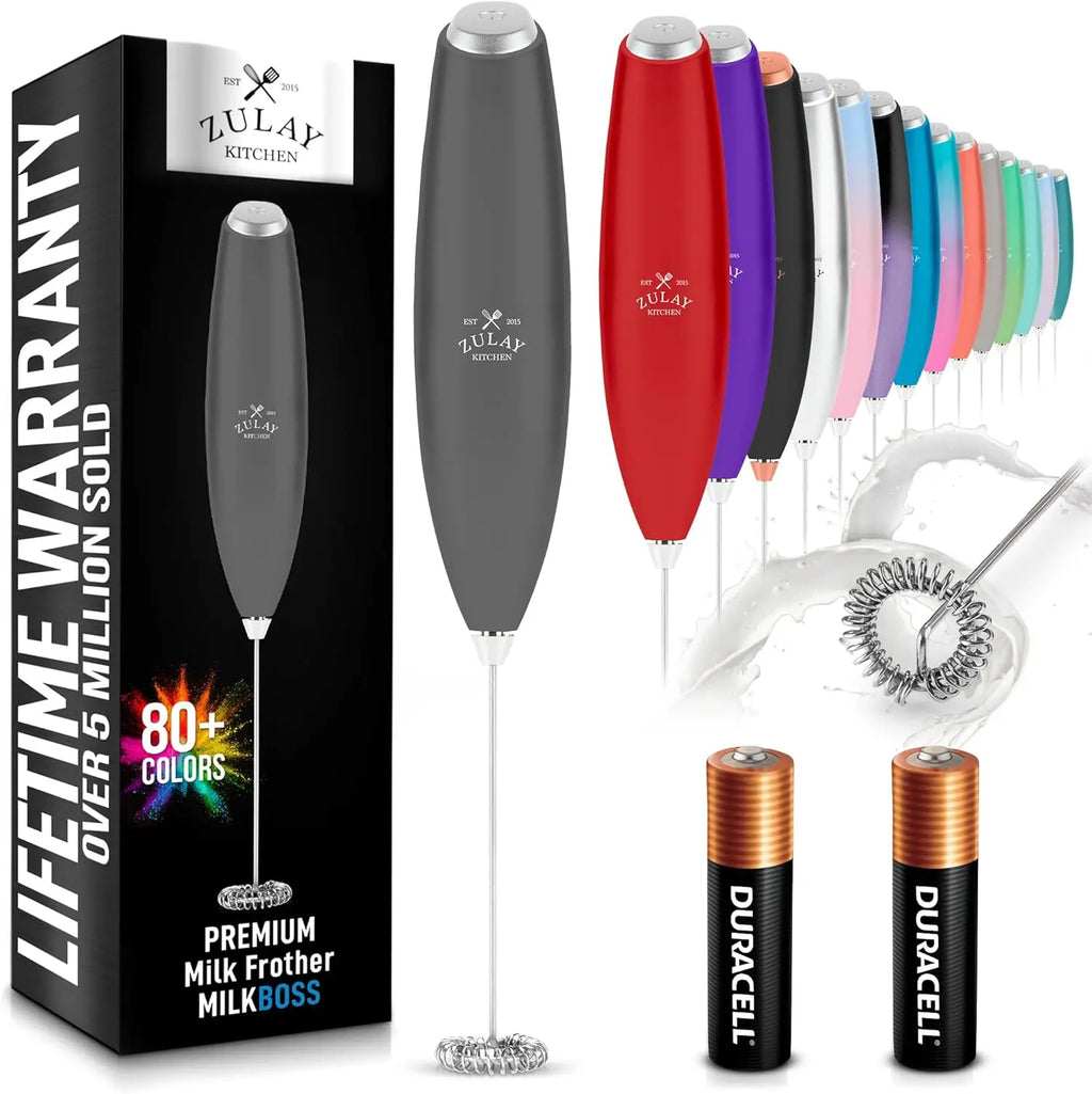 Zulay handheld milk frother in silver, featuring an upgraded titanium motor for lattes, matcha, and frappes.