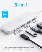 Anker 5-in-1 USB C hub with HDMI splitter, powered USB-C and USB-A ports, designed for MacBook Pro and Dell laptops.