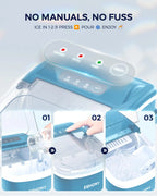 EUHOMY black countertop ice maker machine with handle, producing 26lbs in 24hrs and 9 ice cubes in 6 mins.