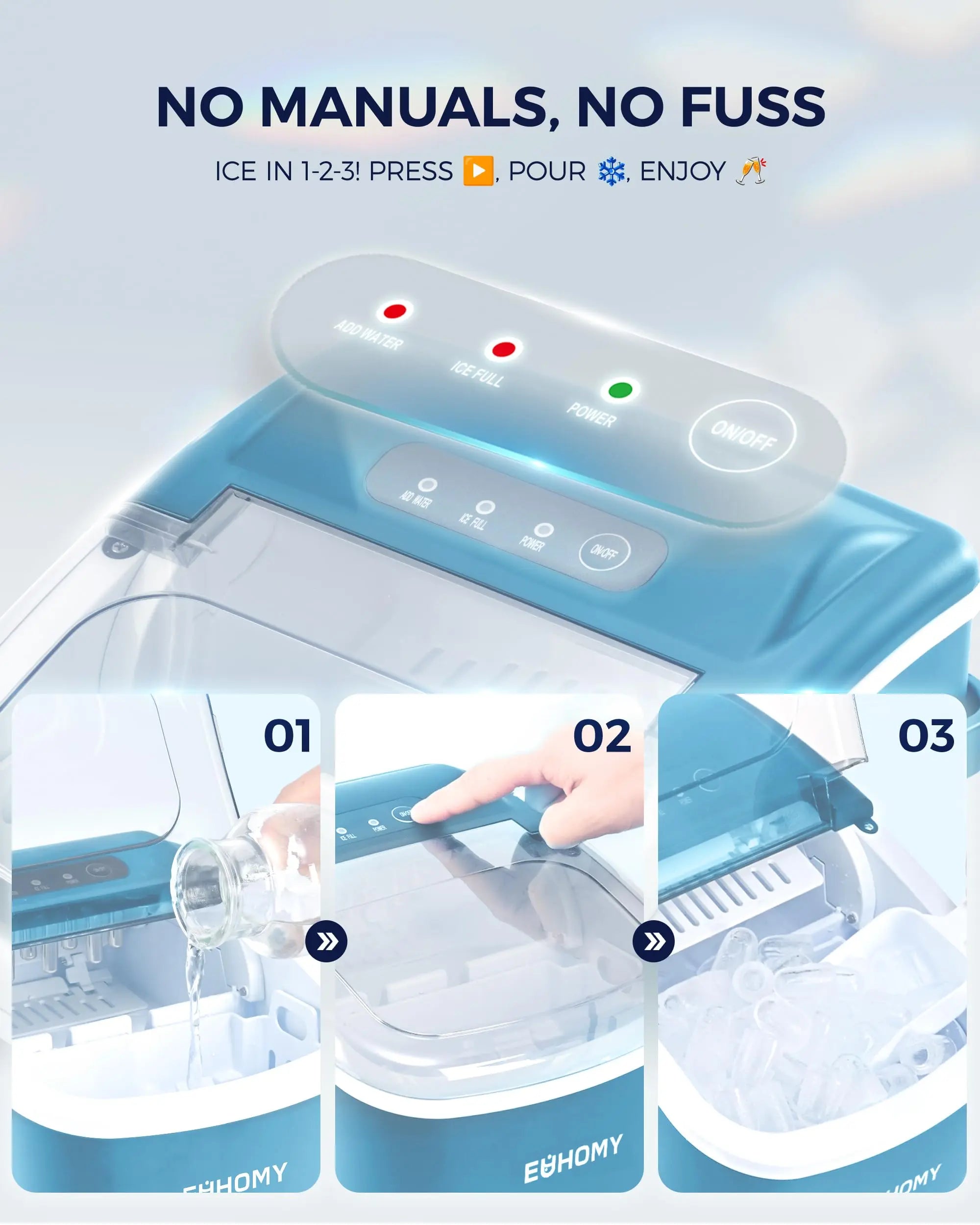 EUHOMY black countertop ice maker machine with handle, producing 26lbs in 24hrs and 9 ice cubes in 6 mins.